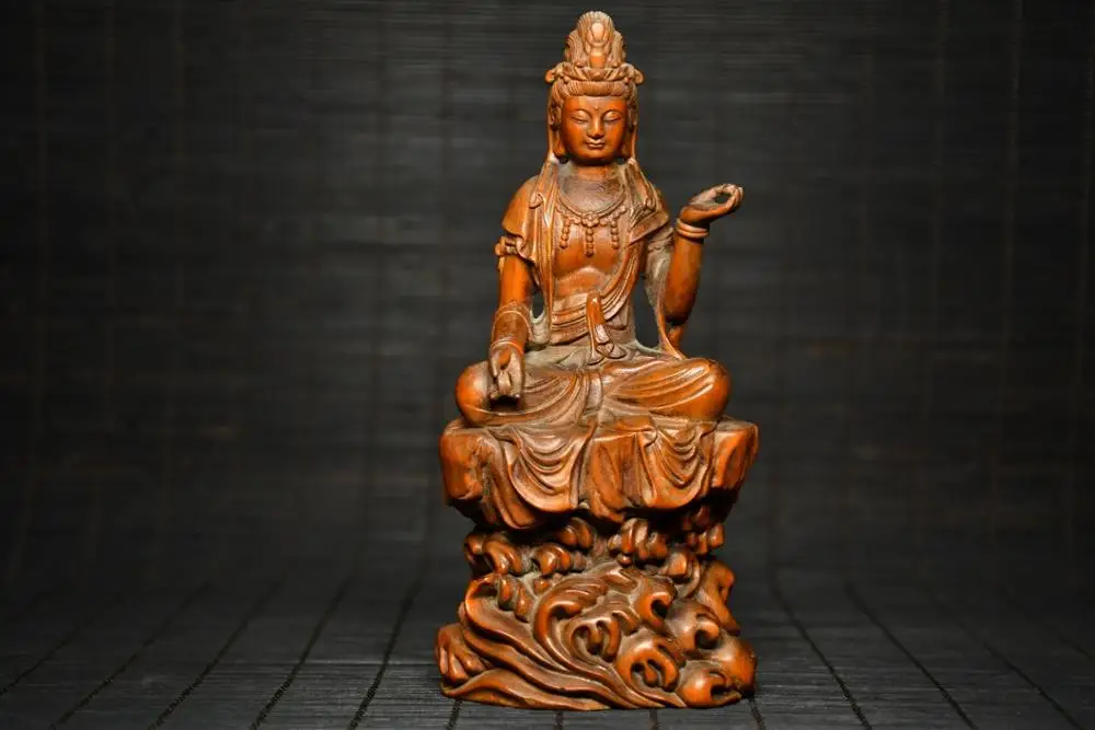 

Home Decor 6" China Collection Old Boxwood Guanyin Bodhisattva Statue Avalokitesvara wood carving Amitabha