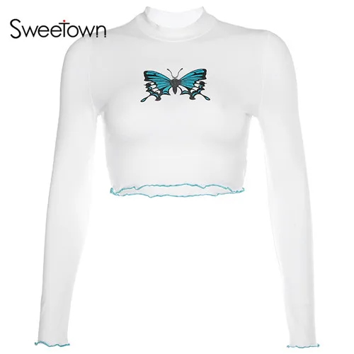 white Sweetown/белая Базовая Осенняя футболка для женщин с милой бабочкой, графическая футболка с длинными рукавами, трикотажная водолазка, хлопковые футболки - Цвет: white