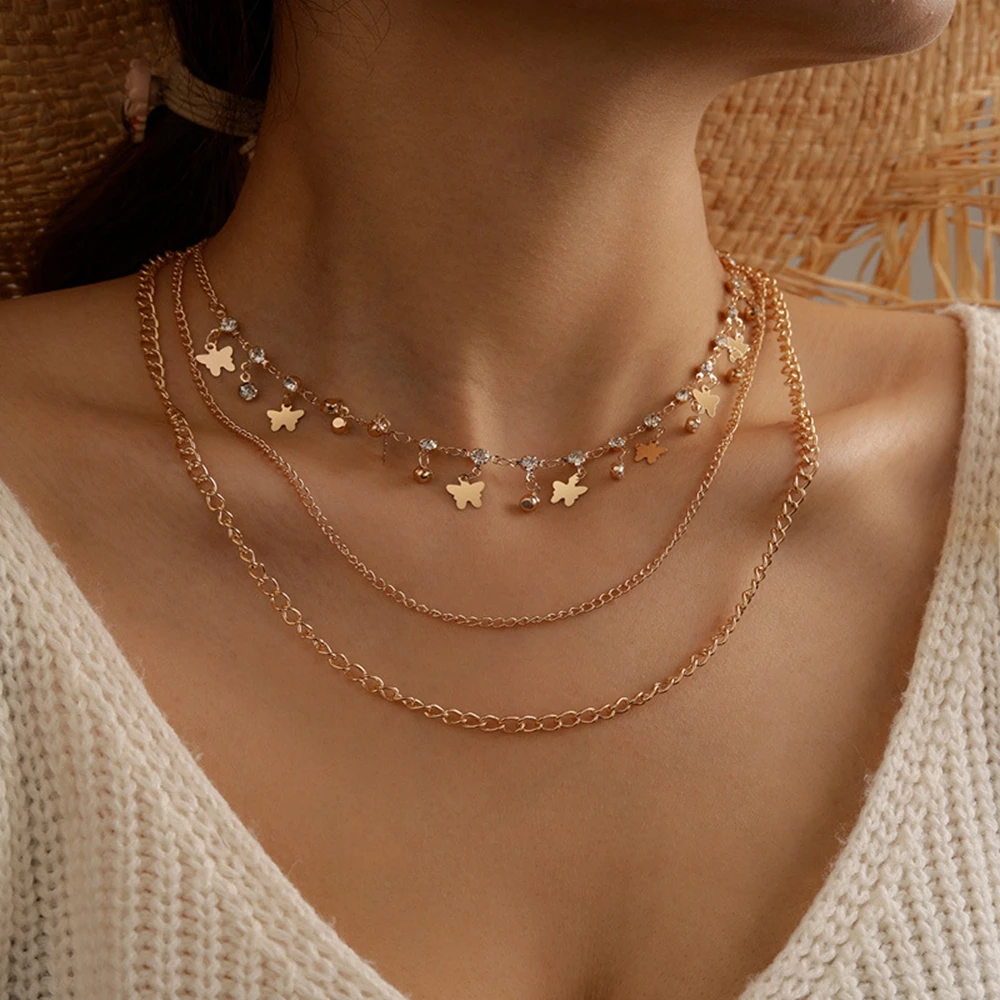 

New Multi-layer Choker Crystal Tassel Fashion Neck Chain Temperament Butterfly Metal Pendant Clavicle Chain Gift Jewelry Wholesa