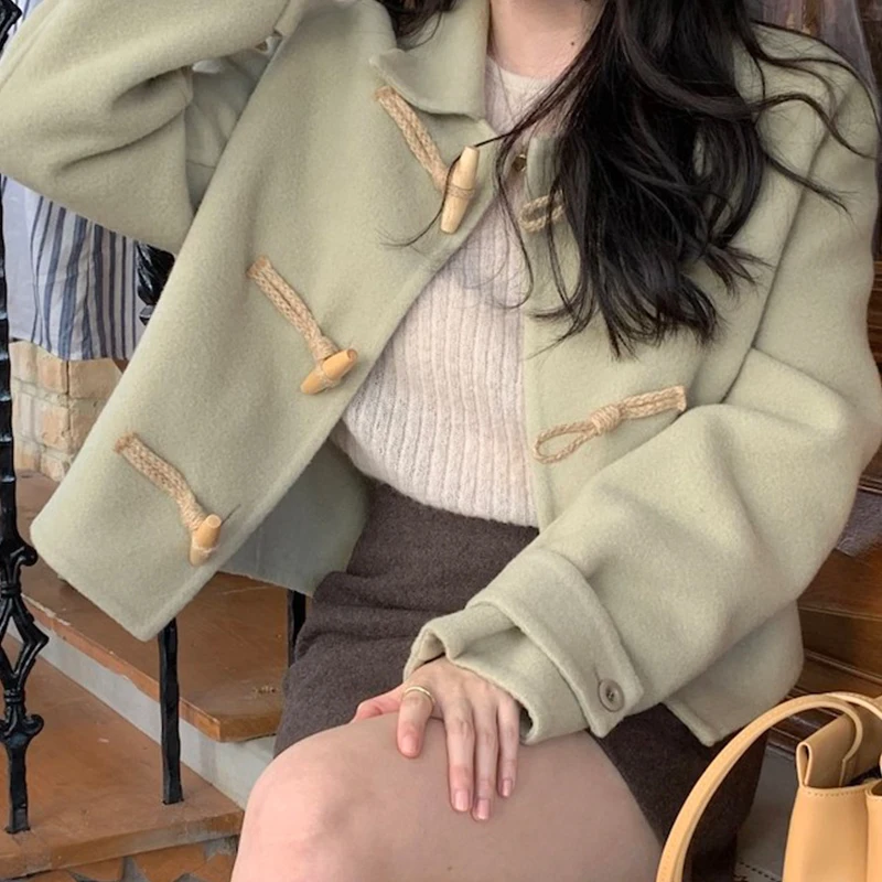 

Pinkou Women Chic Solid Woolen Jackets Long Sleeve Horn Button Female Preppy Style Sweet Winter Coats Tops CA198