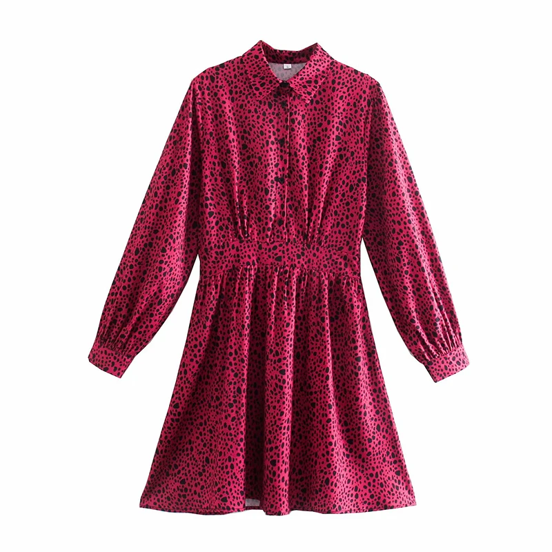 

YENKYE New Autumn Women Vintage Animal Print Shirt Dress Female Lapel Collar Long Sleeve A-line Casual Dress Short Vestido