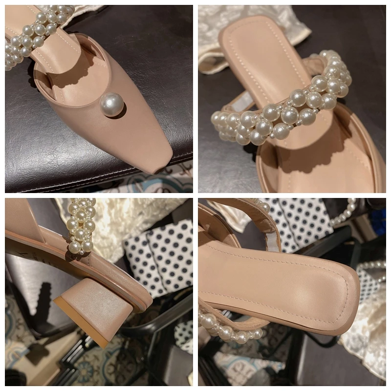 

ORCHA LISA 2021 New Pearl Slipper Women Genuine Leather Half Square Toe Fashion Elegant 3.5cm Mid Heels Ladies Size 33-42 B2615
