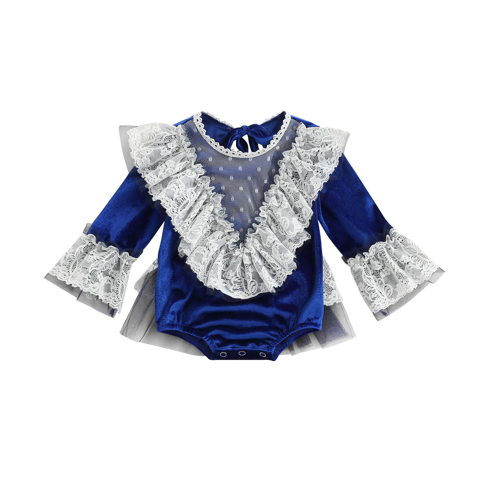 

Baby Girls Sweet Style Romper, Autumn Toddlers Coral Fleece Lace Splicing Long Sleeve Back Hollow Round Collar Jumpsuit
