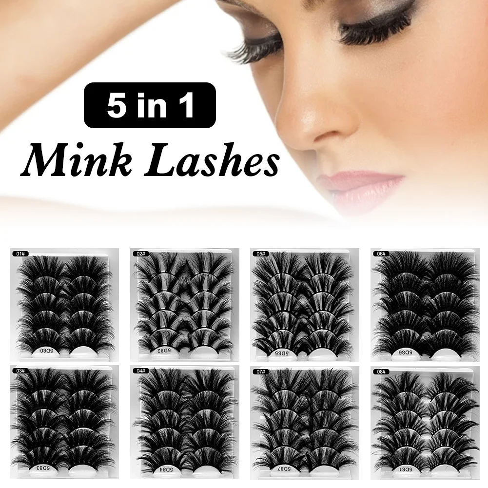 

5 Pairs Pack False Eyelashes 5d Faux Mink Eyelashe Reusable Hypoallergenic Soft Comfortable Natural Fake Eyelashes Set For Women