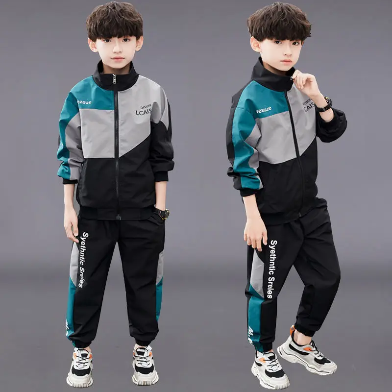 

Spring & Autumn Polyester Boy Sets New 2021 Handsome Double Windproof Slim Patchwork Two-Piece Casual Children's Clothing