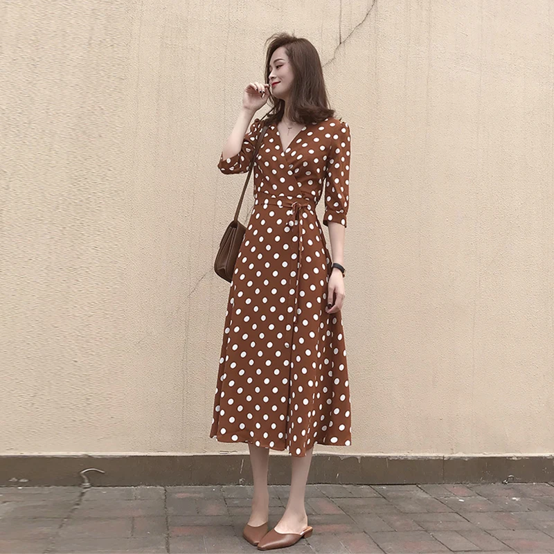 

Summer Chiffon Dress 2020 V-neck A-line Vintage Maxi Long Polka Dot Beach Dresses Autumn Party Black Vestidos Frocks for Women