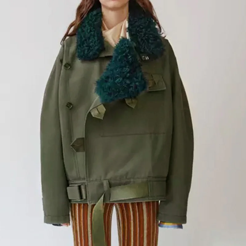 Женская куртка в стиле милитари зеленое пальто из овечьей шерсти 2020 свободные