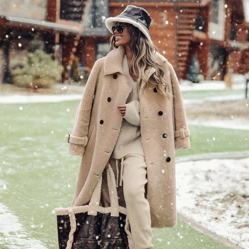 2022 BFFUR Long Woolen Jacket With Belt Real Fur Coat Turn Down Collar Women's Coats Natural Sheepskin Female Winter Outfit