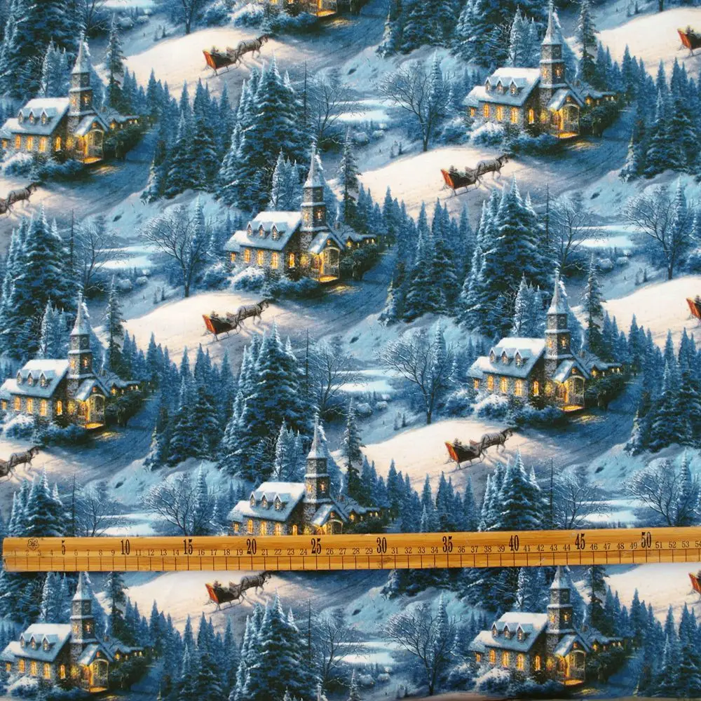 

Cotton Woven Fabric -Snow mountain landscape, villa and tree, clothing bedding handmake fabric by the yard (width=110cm,150g)
