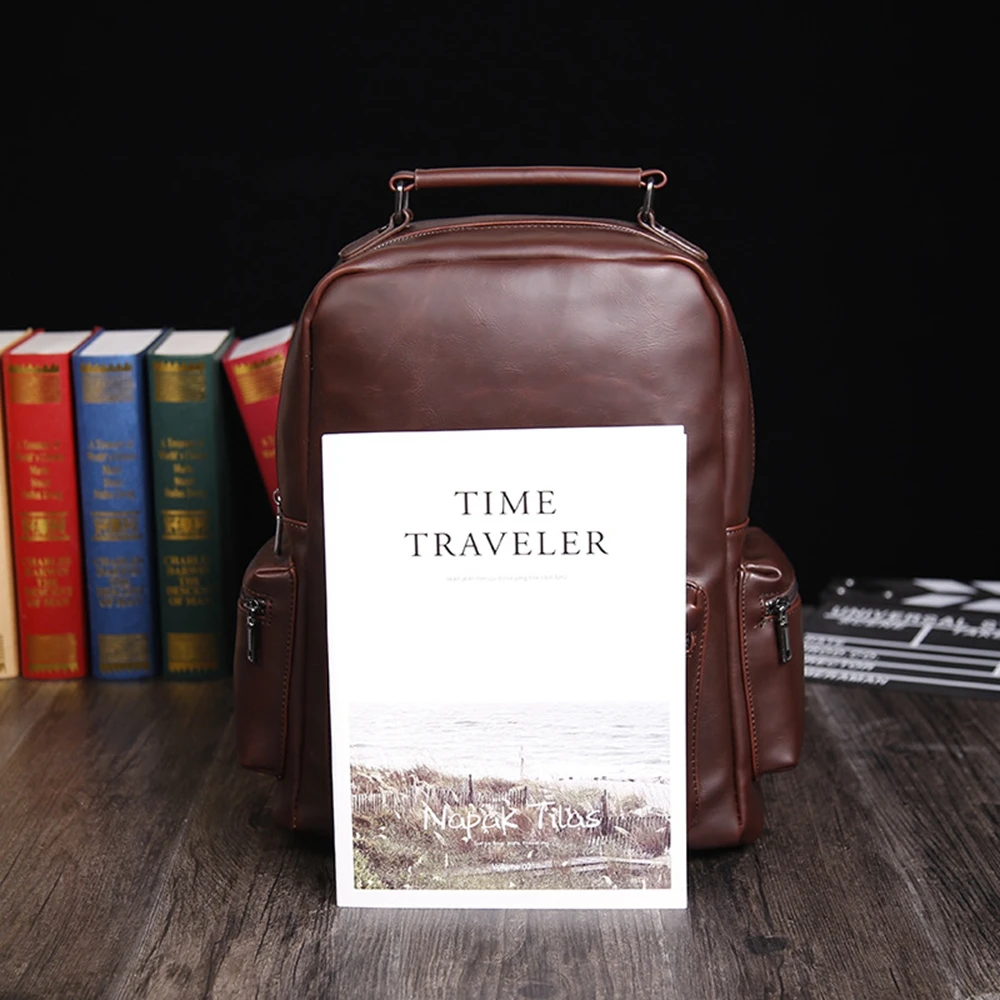 Men's/women's PU leather backpack 14.1 inch notebook vintage college travel bag large capacity for macbook air | Электроника