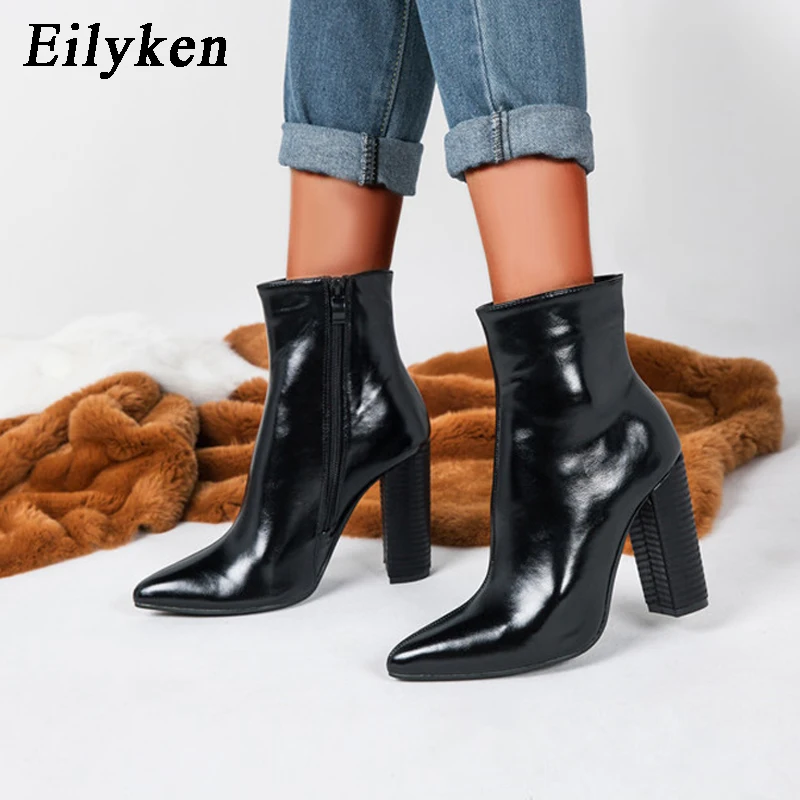 Eilyken/женские ботинки из искусственной кожи; зимние ботинки с острым носком на высоком каблуке; модные мотоботы на молнии; цвет коричневый; размеры 41, 42