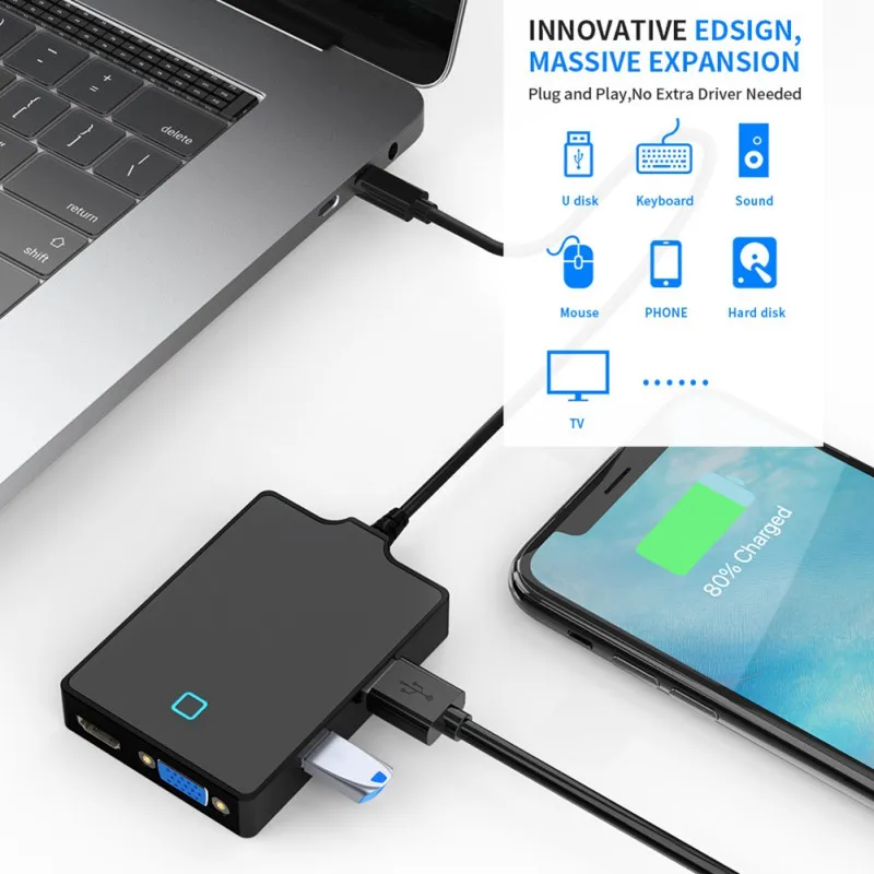 

8-in-1 Type-C Docking Station USB-C To VGA/HDMI-compatible Converter USB3.0 5Gbps Hub Type C to HDMIVGA Adapter