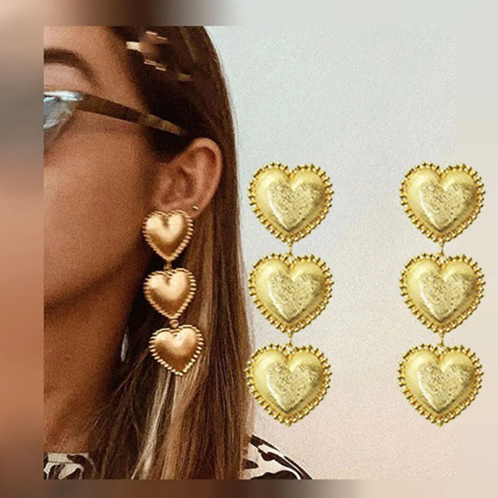 Ретро длинные висячие серьги золотистый в форме сердца геометрические с эмалью
