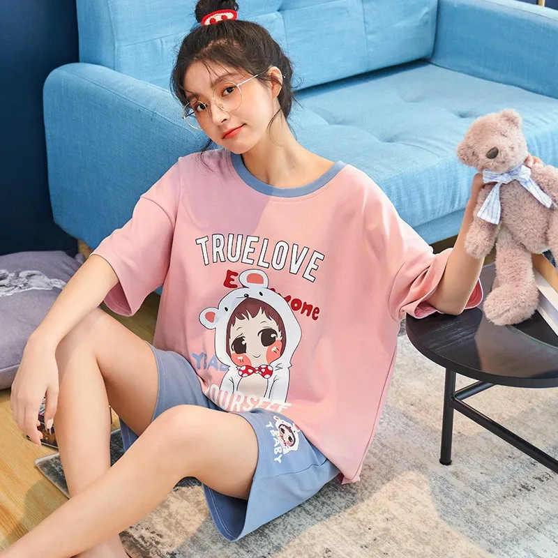 

pajamas for women2021 pajamas women spring and summer short-sleeved knitted cotton Korean home clothing suit Nightgown