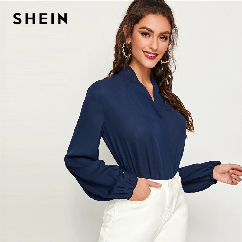 Женская офисная блузка SHEIN темно синяя с v образным вырезом и рукавами фонариками