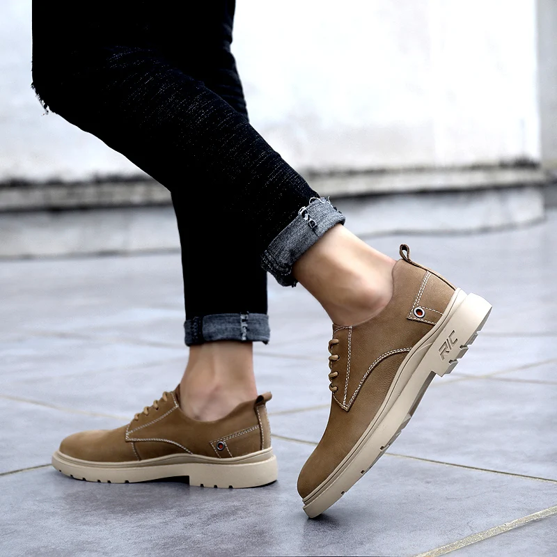Beli Pria Derby Sepatu Kulit Asli 2020 Gugur Sepatu Khaki Brown Desain Berjalan Sepatu Pria Oxford Leisure Ankle Boots