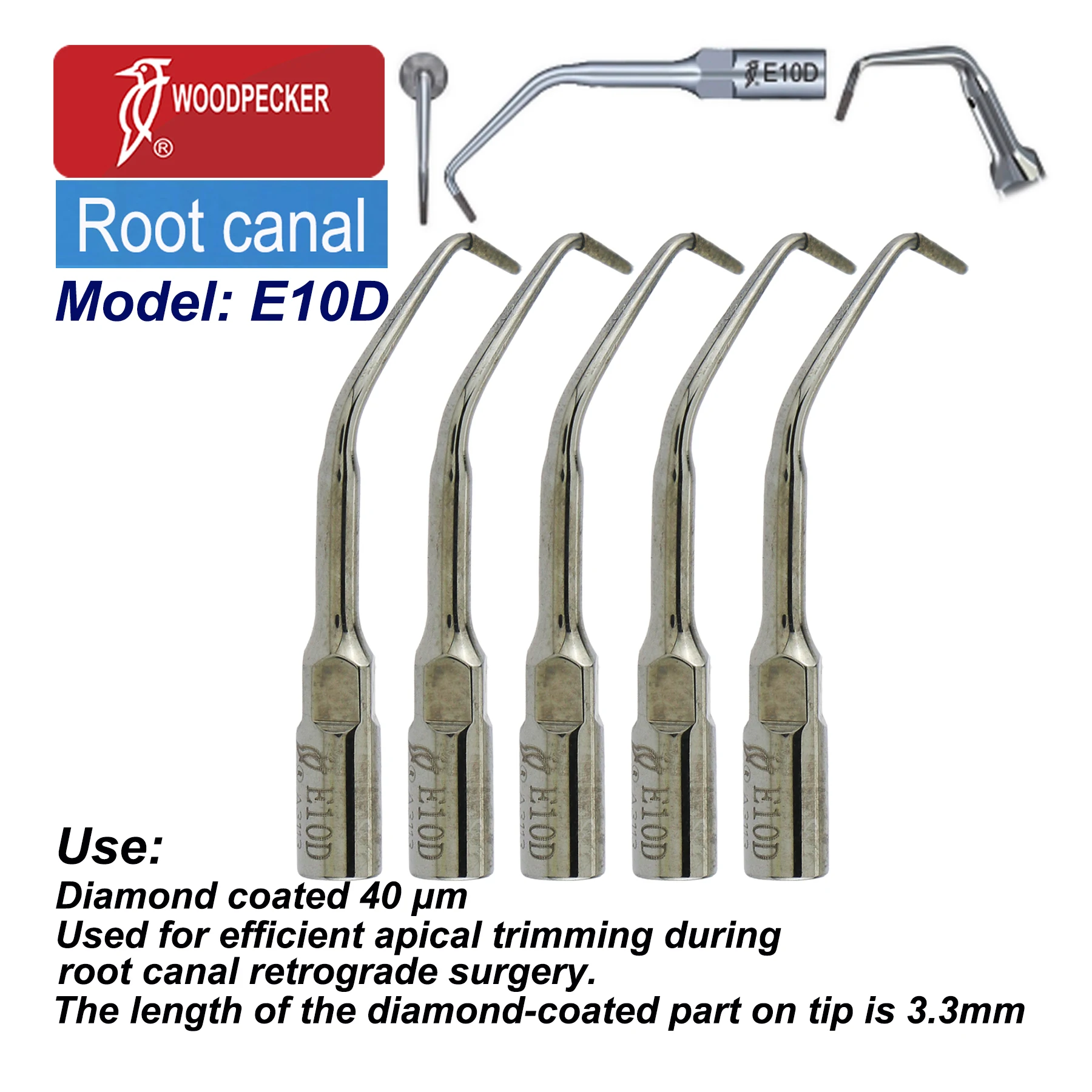 5pcs Woodpecker Dental Ultrasonic Scaler Root Canal Surgery Diamond Coated Tips Polish Pulp Wall Fit UDS EMS E10D