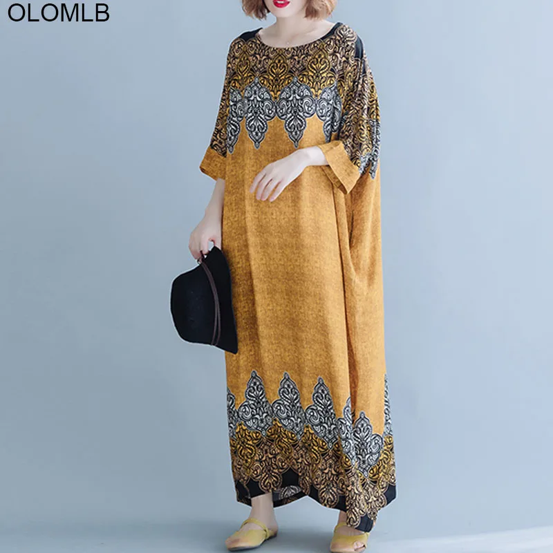 Женское свободное платье макси в стиле бохо с этническим принтом и рукавом