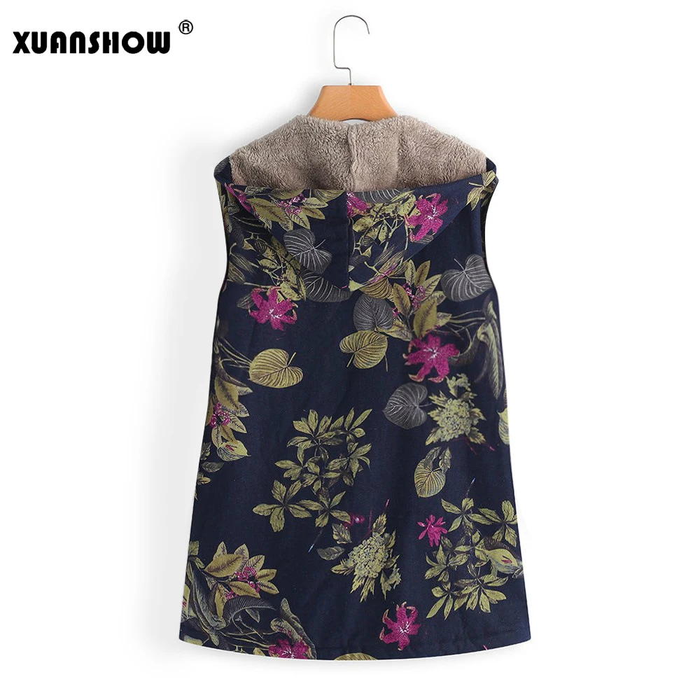 XUANSHOW новая зимняя одежда модные цветочные печатные куртки без рукавов с капюшоном для женщин Повседневная Флокированная Женская майка пальто