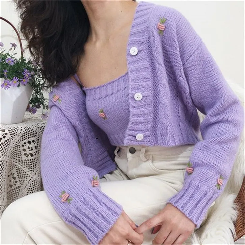 

New Autumn Sweater Suit Women 2020 Ladies Knit Two Piece Set Vintage Bead Camisole And Cardigan Coat Chic Outer Wear Women Top