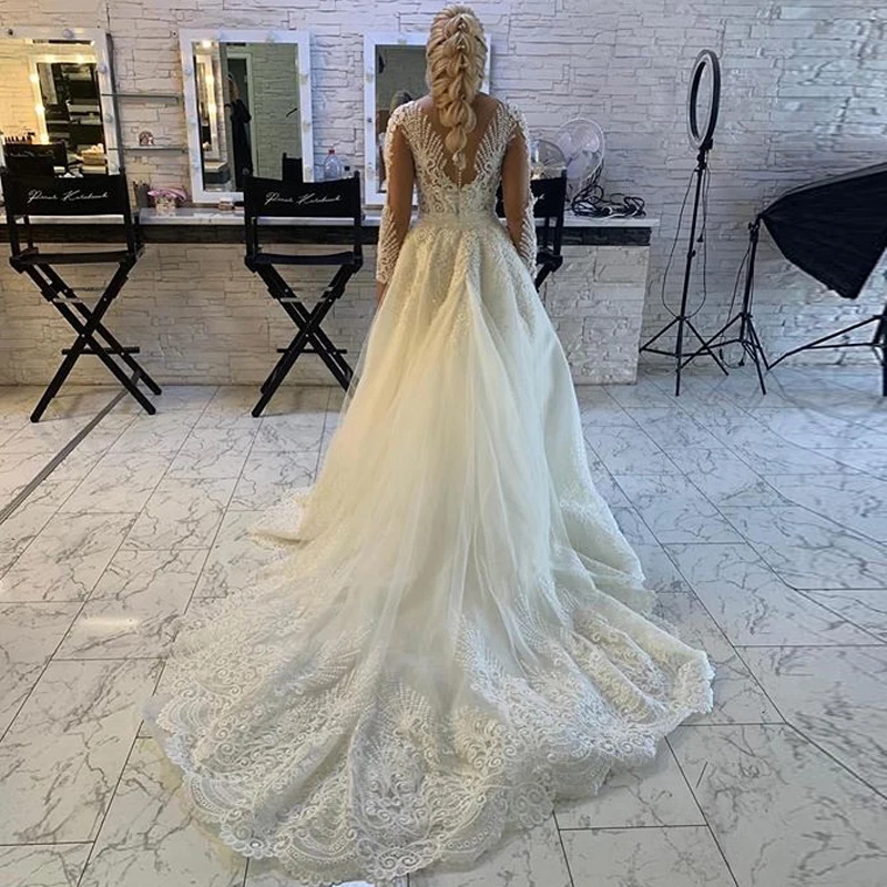 

Long Sleeve Dress Luxury Exquisite Lace Appliques Detachable Wedding Dresses Bridal Gown