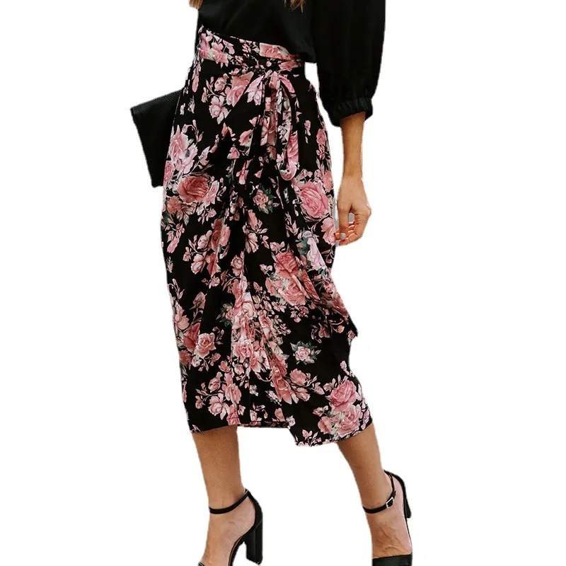 

2021 summer new European and American women's printed split tie irregular skirt