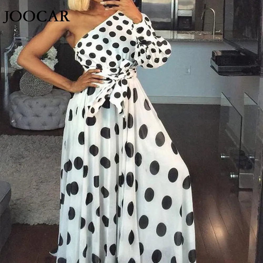 

free shipping 2020 joocar fashion one shoulder long sleeve dots belt dress JC1072