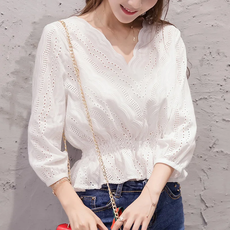 

Women Urban Casual Sexy V-Neck Ruffled Tops Elegnet Lantern Sleeve White Shirt Spring Long Lantern Sleeve Women Fashion Top Shir
