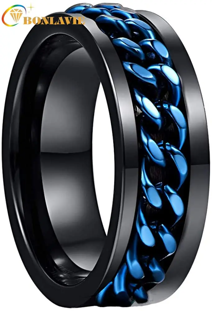 

Мужское кольцо BONLAVIE 8 мм из карбида вольфрама, черное кольцо из вольфрамовой стали с синей вращающейся цепочкой, удобная посадка, размер 6-12