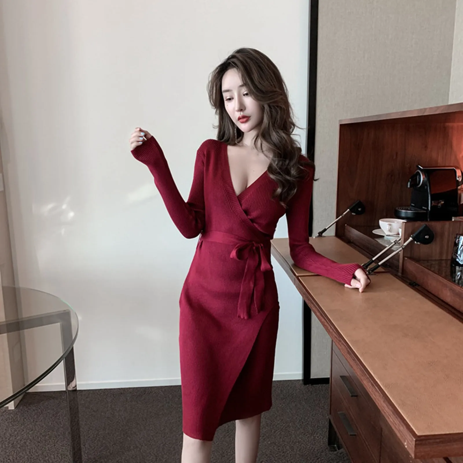 

Elegant Knee-length Dresses Women's Sexy Long Sleeve V-neck Irregular Lace Up Knitted Bottom Wrapped Dress Vestido De Mujer