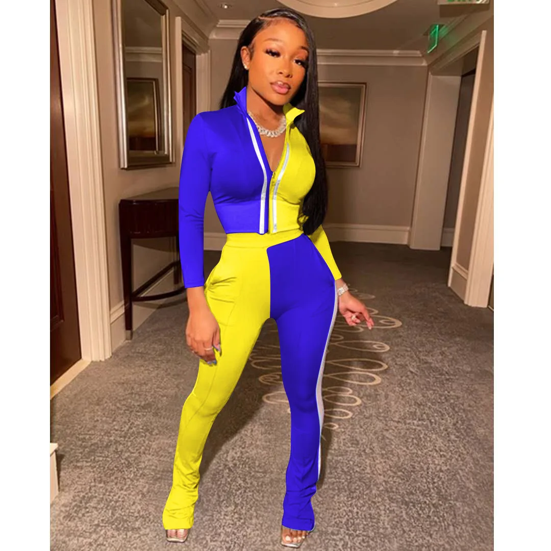 

Donsignet Women's Suit New Fashion Summer Temperament High Neck Zipper Color Block Stitching Short Sexy Sports Two-piece Suit