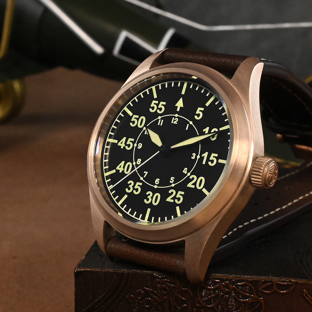 San Martin Bronze Pilot Watch Military YN55A Retro Simple Style Mens Automatic Mechanical Watches Leather Strap 20Bar Luminous | Наручные