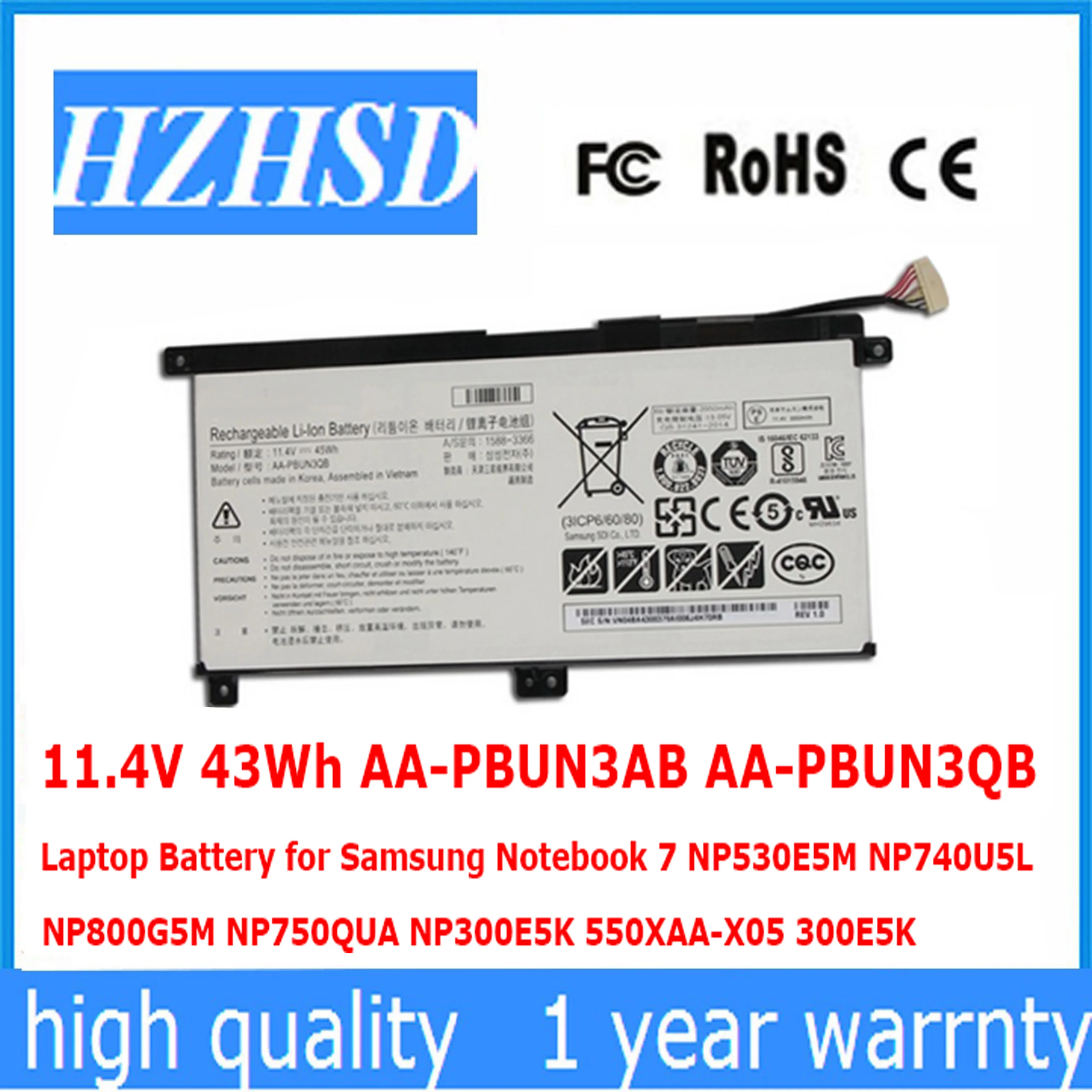 

11.4V 43Wh AA-PBUN3AB AA-PBUN3QB Laptop Battery for Samsung Notebook 7 NP530E5M NP740U5L NP800G5M NP750QUA NP300E5K 550XAA-X05