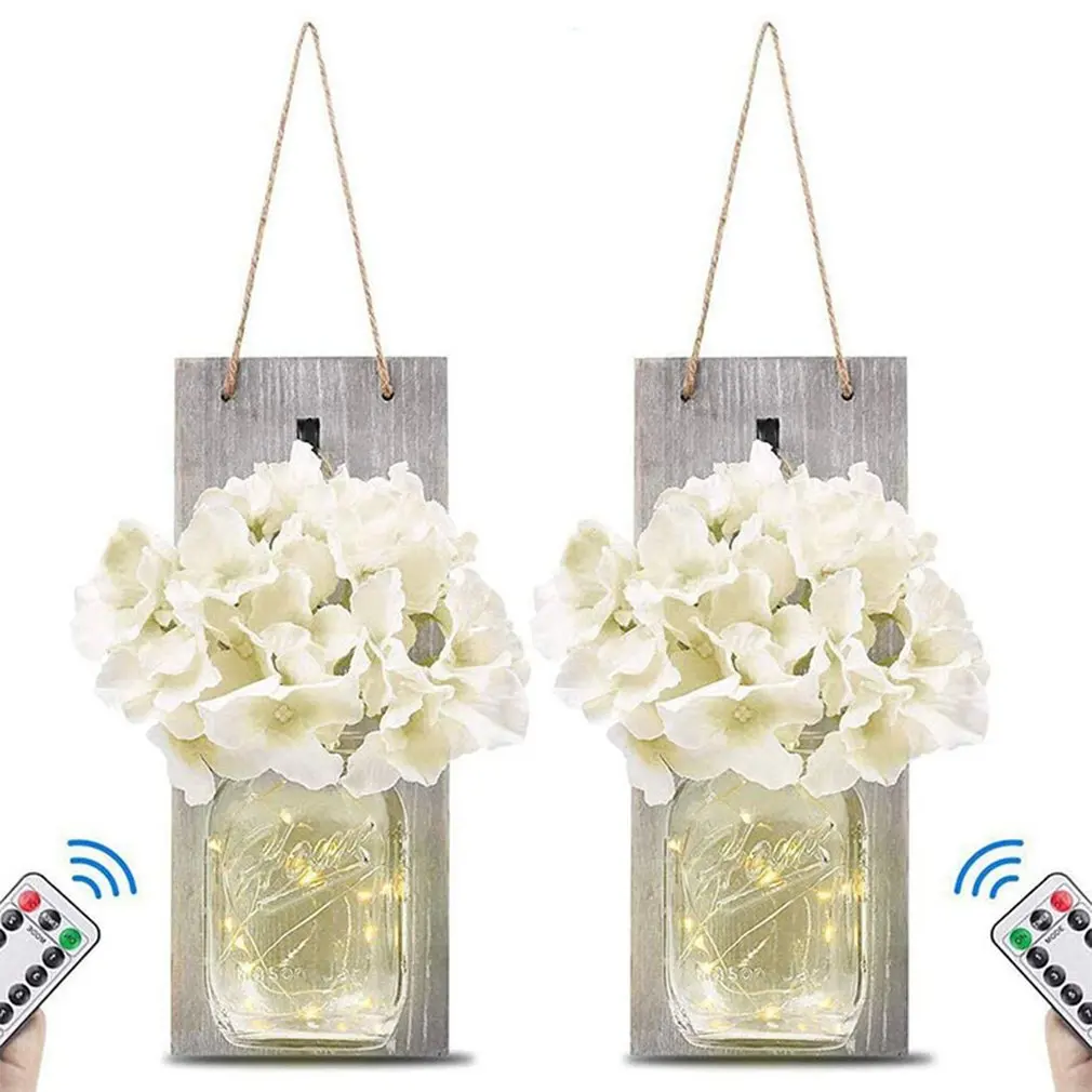 Mason Jar Wall Sconces Fairy Lights Vintage Wrought Iron Hook Silk Hydrangea Flower with Remote Control LED Strip | Лампы и освещение