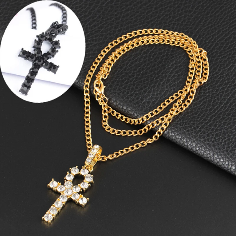  Black Color Rhinestone Crystal Cross Pendant Necklace Crucifix Long Necklaces&ampPendants Charm Men Hip Hop Jewelry | Украшения и