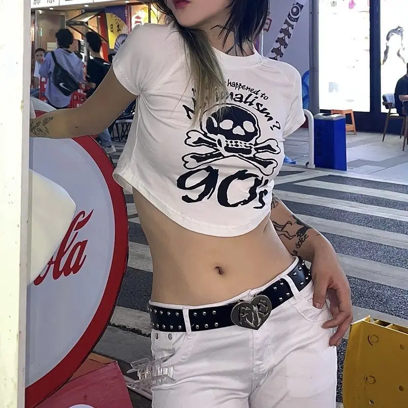 

Y2k clothes grunge hot girl punk skull print crop top sexy self-cultivation navel short T-shirt student clothes tops women 2021