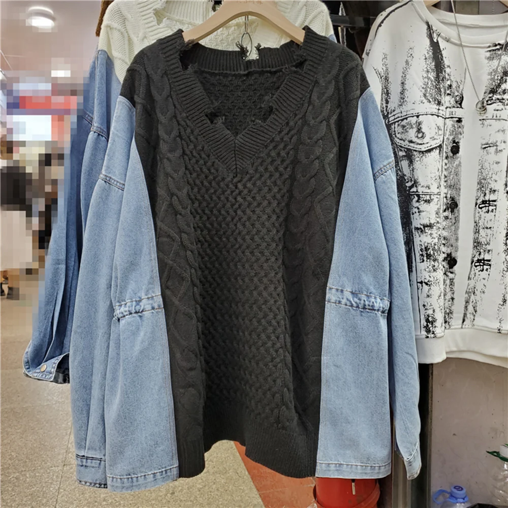 Женский джинсовый свитер с V-образным вырезом и длинным рукавом - купить по