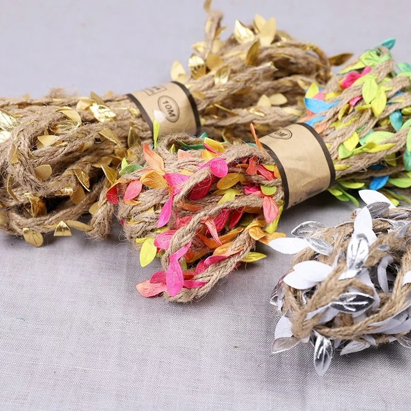 

10m Natural Jute Twine with Artificial Leaves Ribbon Burlap Leaf RibbonTrim Rope for DIY Crafts and Party Wedding Home Decor