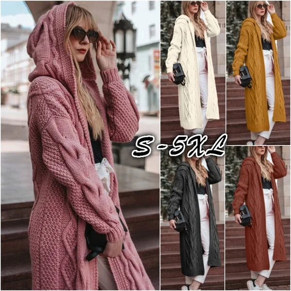 Long Cardigan Casual Lantern Sleeve Open Stitch Warm Women Sweater Winter Loose Knitted Hooded Coat Plus Size S-5XL |