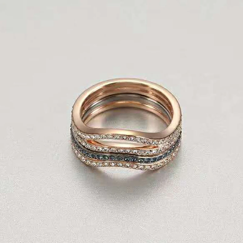 

2021 Fashion SWA Jewelry New LEMON Ring Set Rose Gold Delicate Lines Blue Mixed Double Crystal Engagement Ring Romantic Gift
