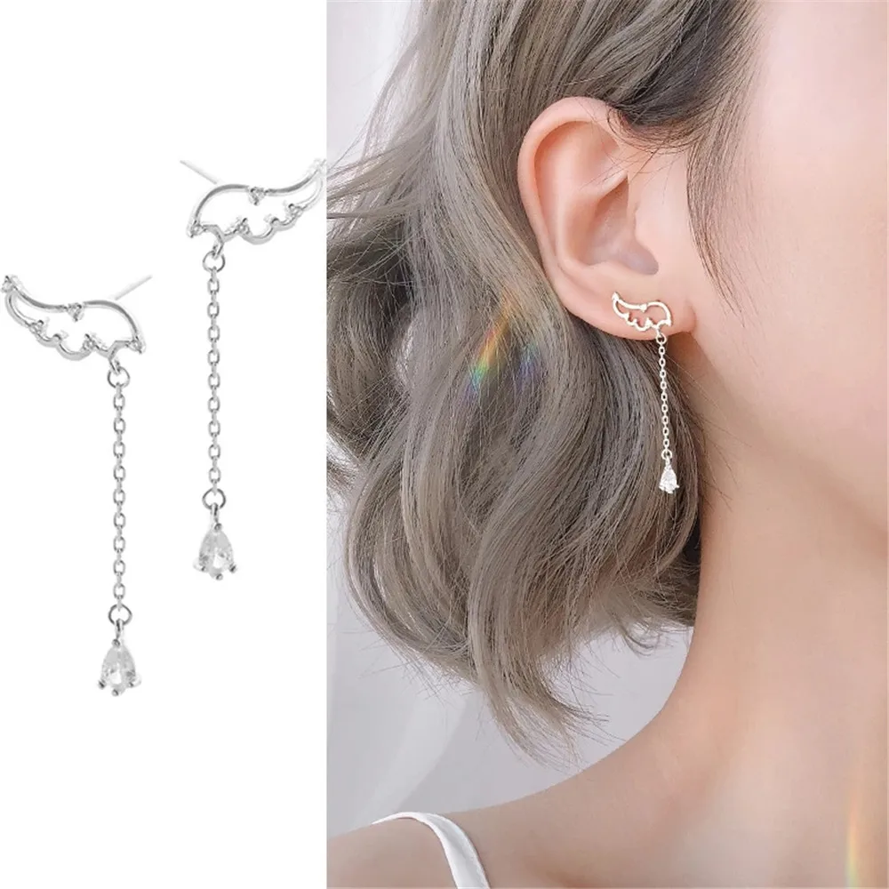 

2022 Trendy Silvery Minimalist Fashion Crystal Wing Tassel Shine Long Drop Earrings For Women Girl Anti Allergy Jewelry Gift