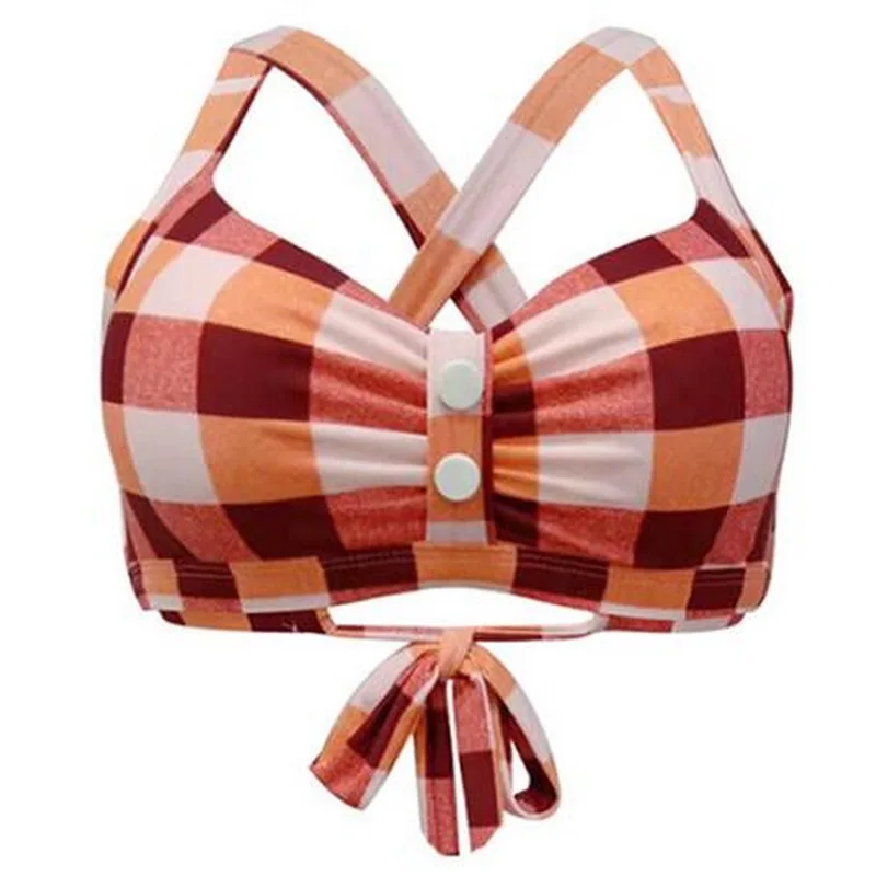 C-Bikini Top (2) Винтажный пуш-ап бикини Топ контрастный цвет клетчатый принт бикини бюстгальтер сексуальный женский бандаж из двух частей раздельный купальник синий красный черный - Цвет: C-Bikini Top (2)