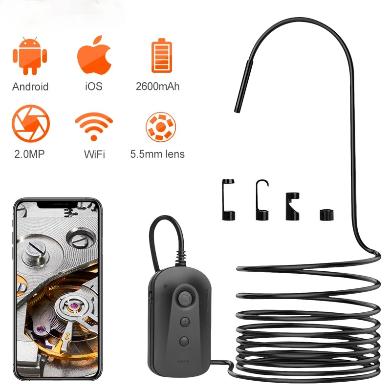 Wi-Fi 5 мм 1080P HD бороскоп Инспекционная камера для iPhone Android 2 МП полужесткая