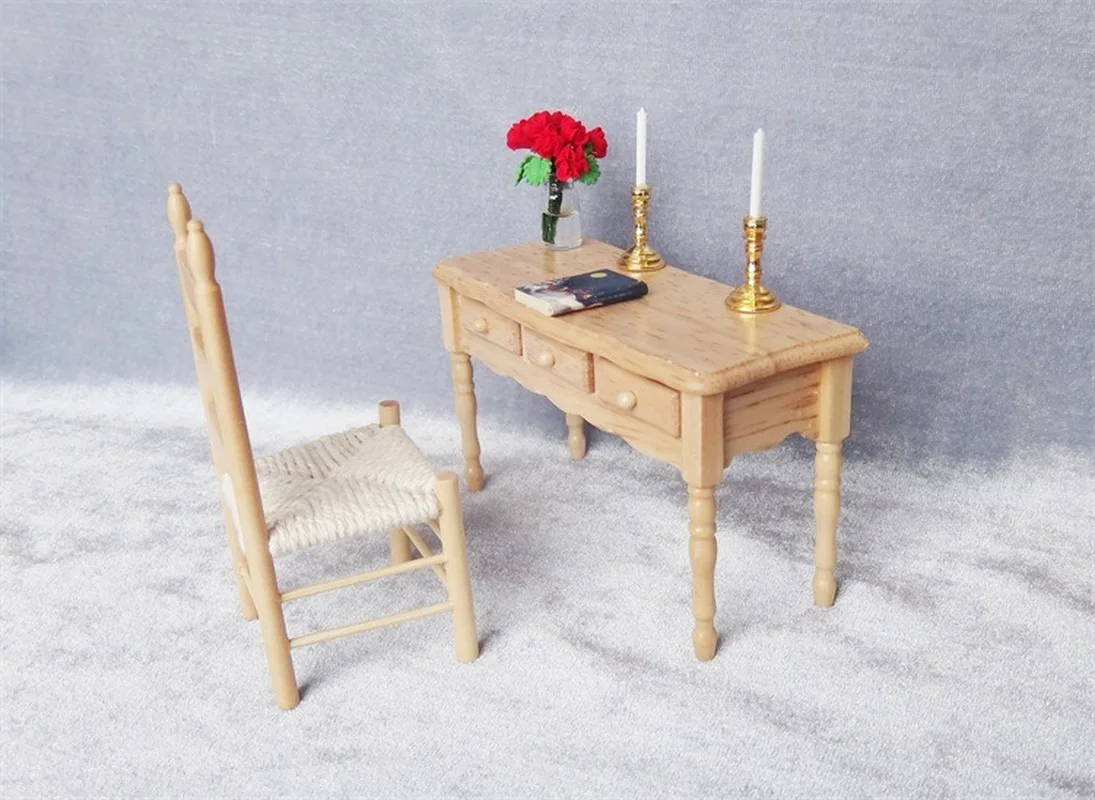 

1:12 DIY Doll House Miniature Furniture Study Room Decoration Desk with Drawers Natural Wood Table