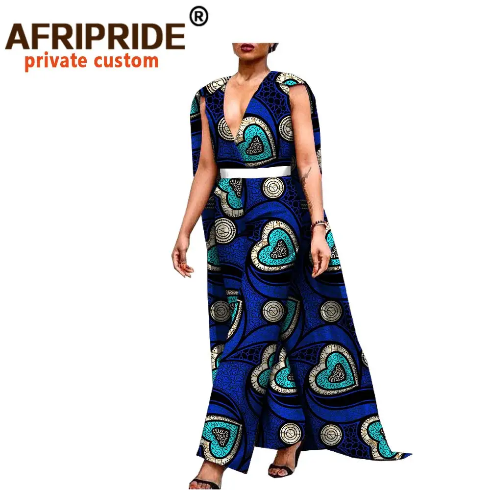 African Clothes for Women Jumpsuit with Belt Romper Ankara Print Bodysuit Sleeveless V-neck Plus Size Fashion Outfits A1829004