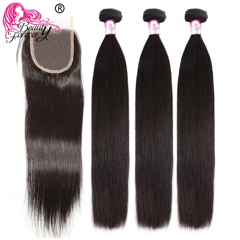 Beauty forever перуанские прямые кружева с 3 пучками Remy человеческие волосы пучки с закрытием бесплатно/средний/три части