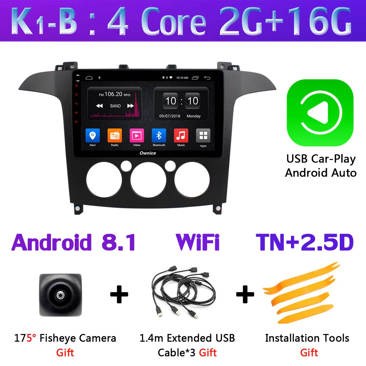 K1-B-CarPlay 360 ° камера 4G SIM Android 9,0 4G+ 64G gps Navi Радио CarPlay SPDIF DSP Автомобильный плеер стерео для Ford S-Max S Max 2007-2008 AT/MT - Цвет: K1-B-CarPlay