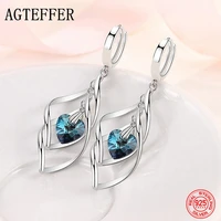 agteffer 925 sterling silver hollow blue crystal long drop earrings for women fashion wedding jewelry gift