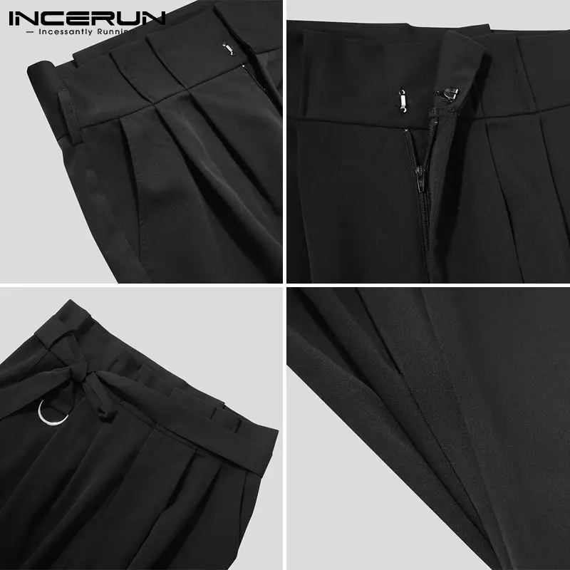 

INCERUN 2021 Fashion Men Casual Pants Streetwear Joggers Solid Color Straight Trousers Korean Pantalones Hombre With Belt S-5XL
