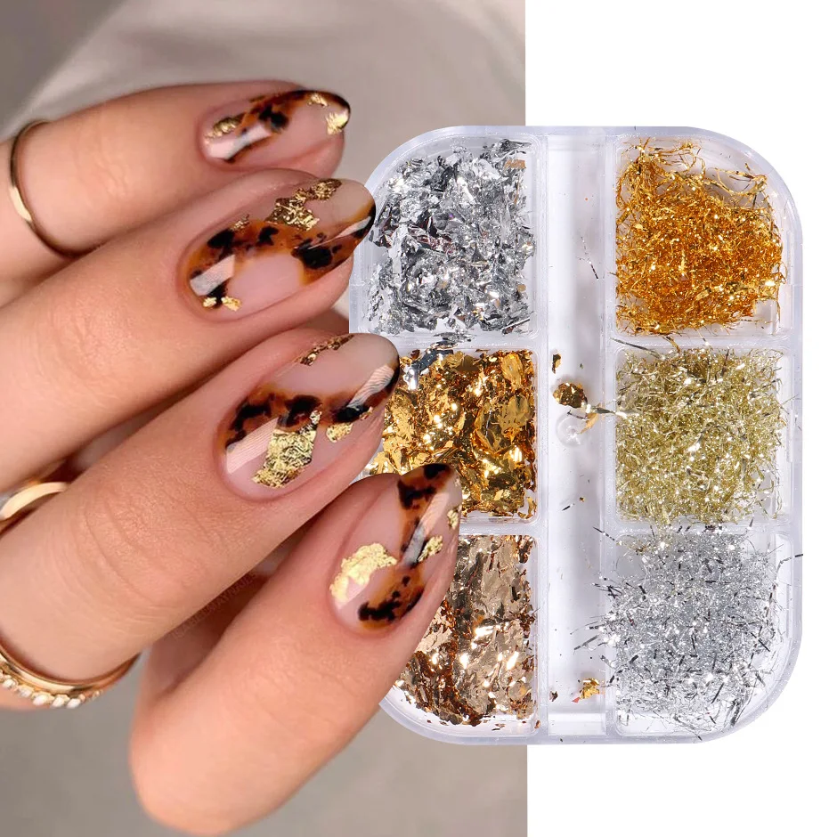 

6 Grid Nail Glitter Set Gold Silver Gold Foil Platinum Fragments 6 Boxes Nail Jewelry Nail Glitter Sequins Shiny Color